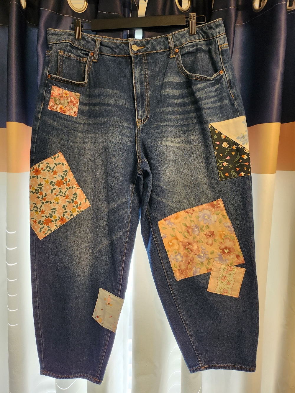 Time and Tru Dark Blue Patchwork Floral Mom Jeans